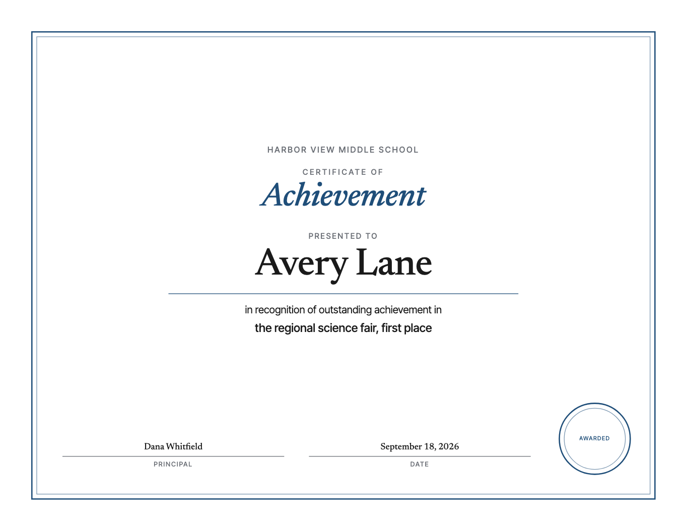 A certificate that sets the name properly, for an achievement rather than a course, with your wording, your signature lines and a seal, on Letter or A4.