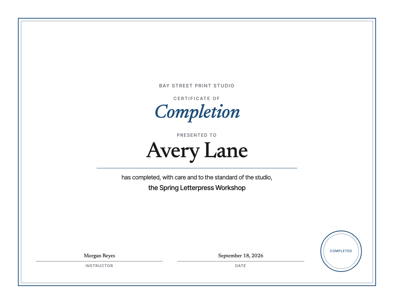 A certificate that sets the name properly, with your wording, your signature lines and a seal, on Letter or A4.