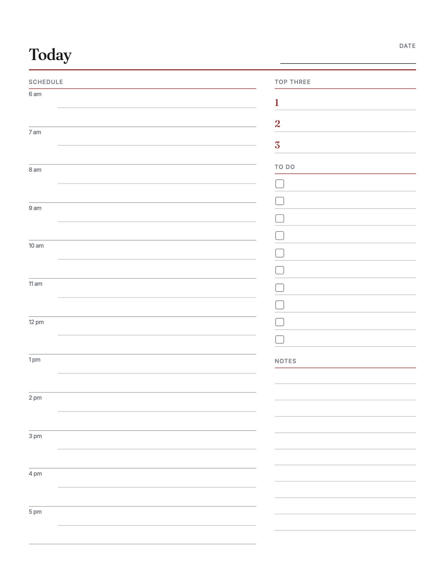 One day on one sheet: the hours you keep down the left, your top three, a to-do list, meals and notes down the right, dated or not.