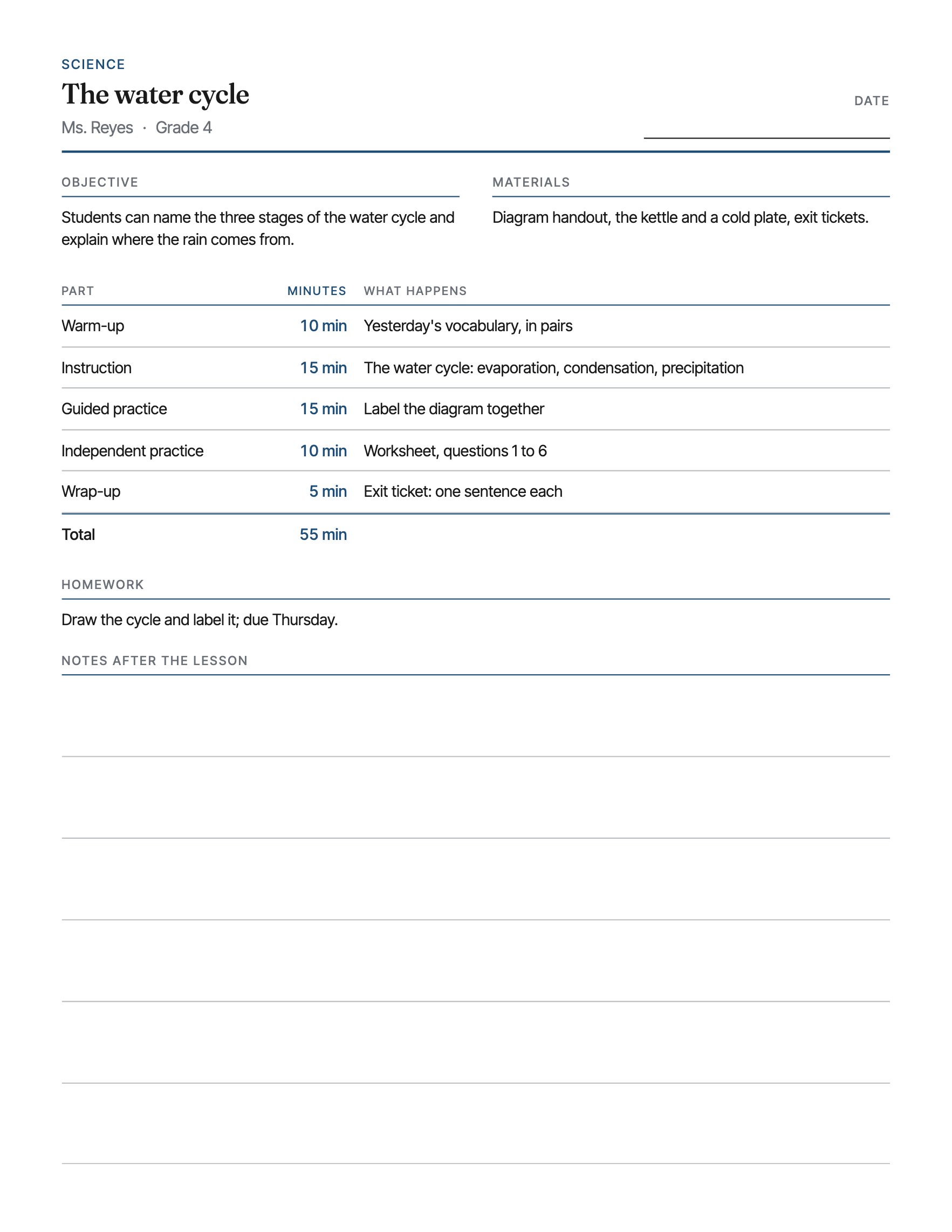 One lesson on one sheet: the class, the objective and materials, the parts of the lesson with their minutes added up, homework, and notes after.