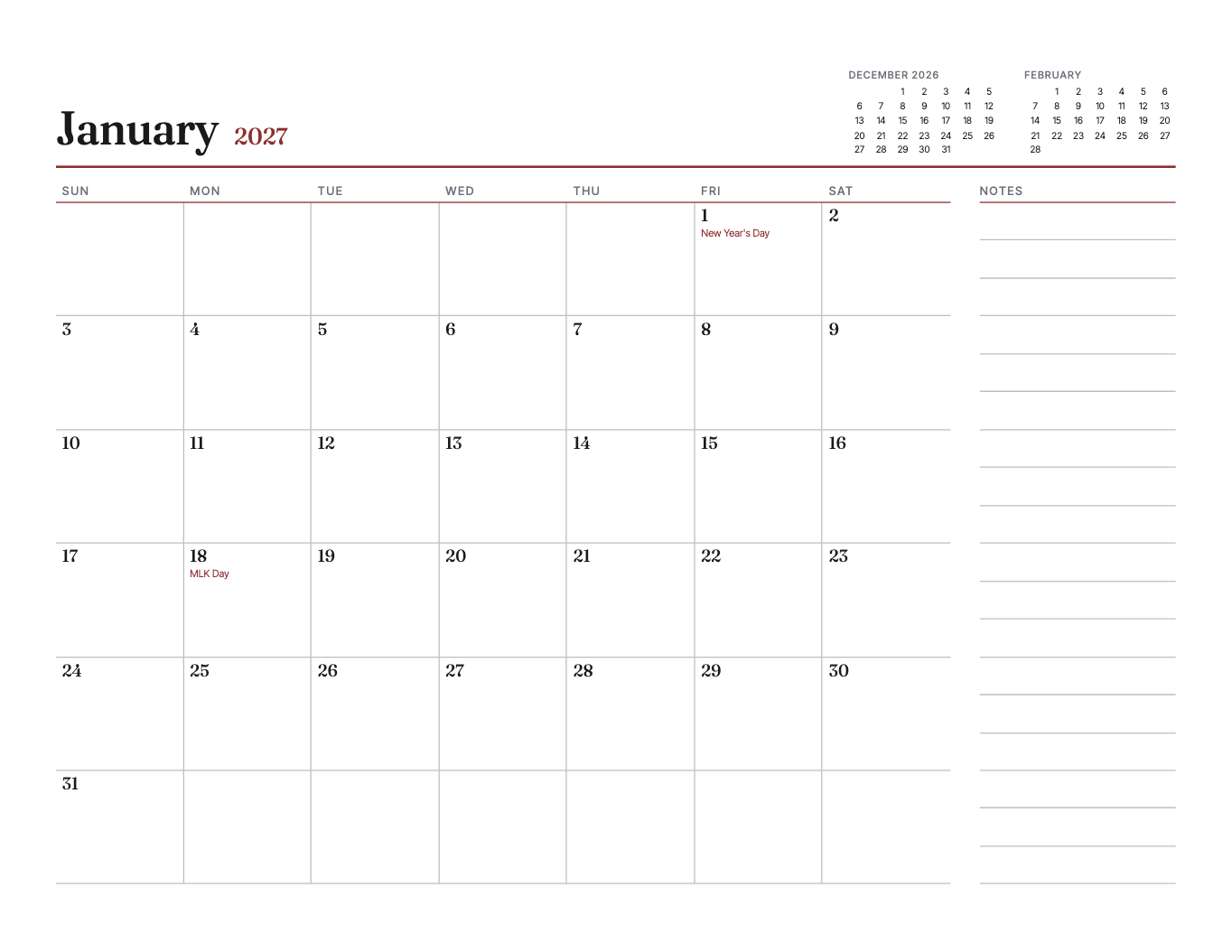 Twelve months on twelve sheets, with holidays marked, a notes column, and your name on every page.