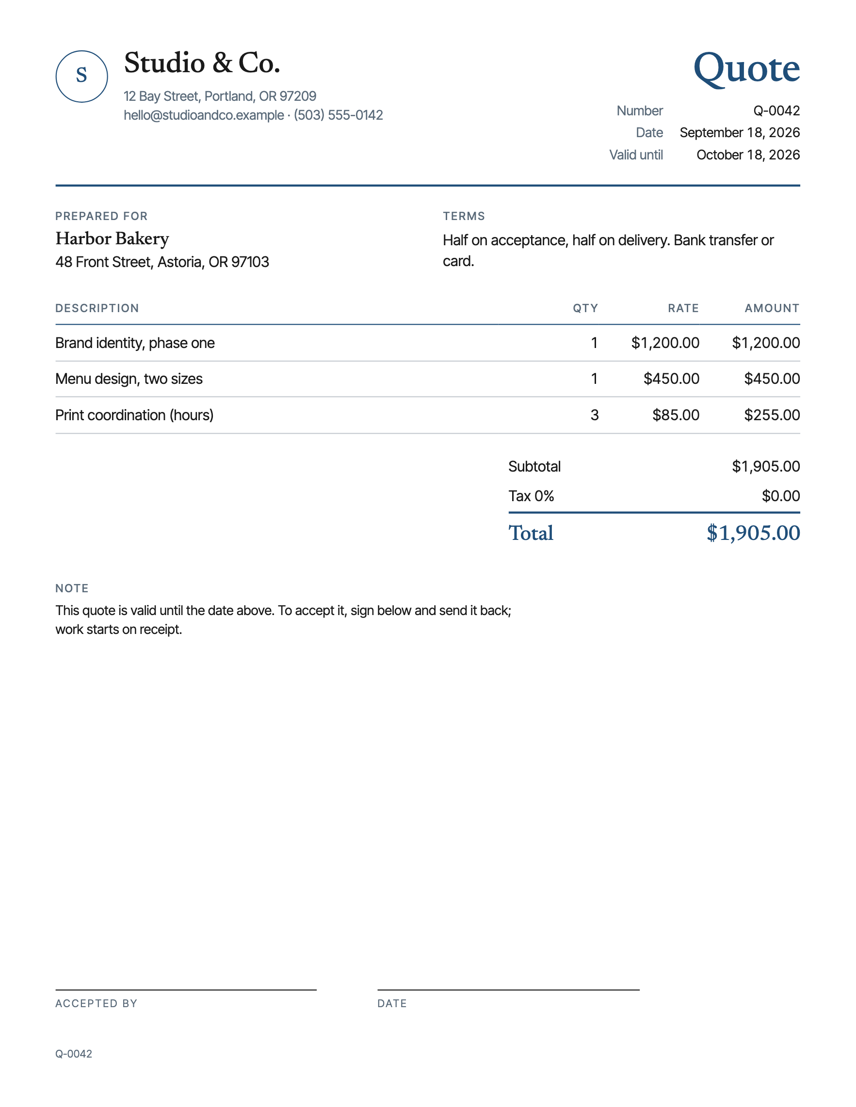 A quote or estimate with your logo, your line items and the totals done for you, a date it holds until, and two lines to accept it, in Letter and A4.