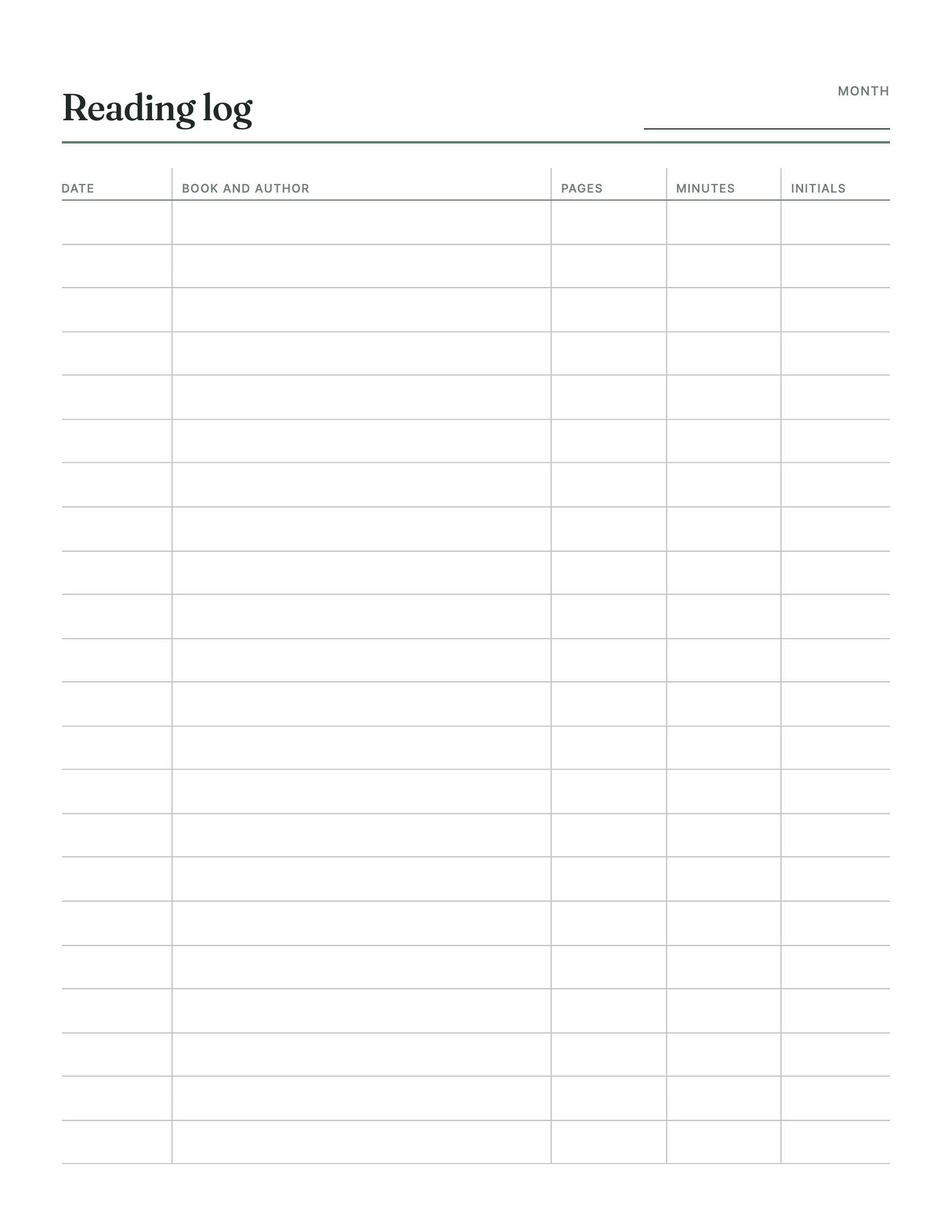 Twenty-two ruled rows for the date, the book, the pages and the minutes, with a box for an initial, and a name at the top, on one sheet.