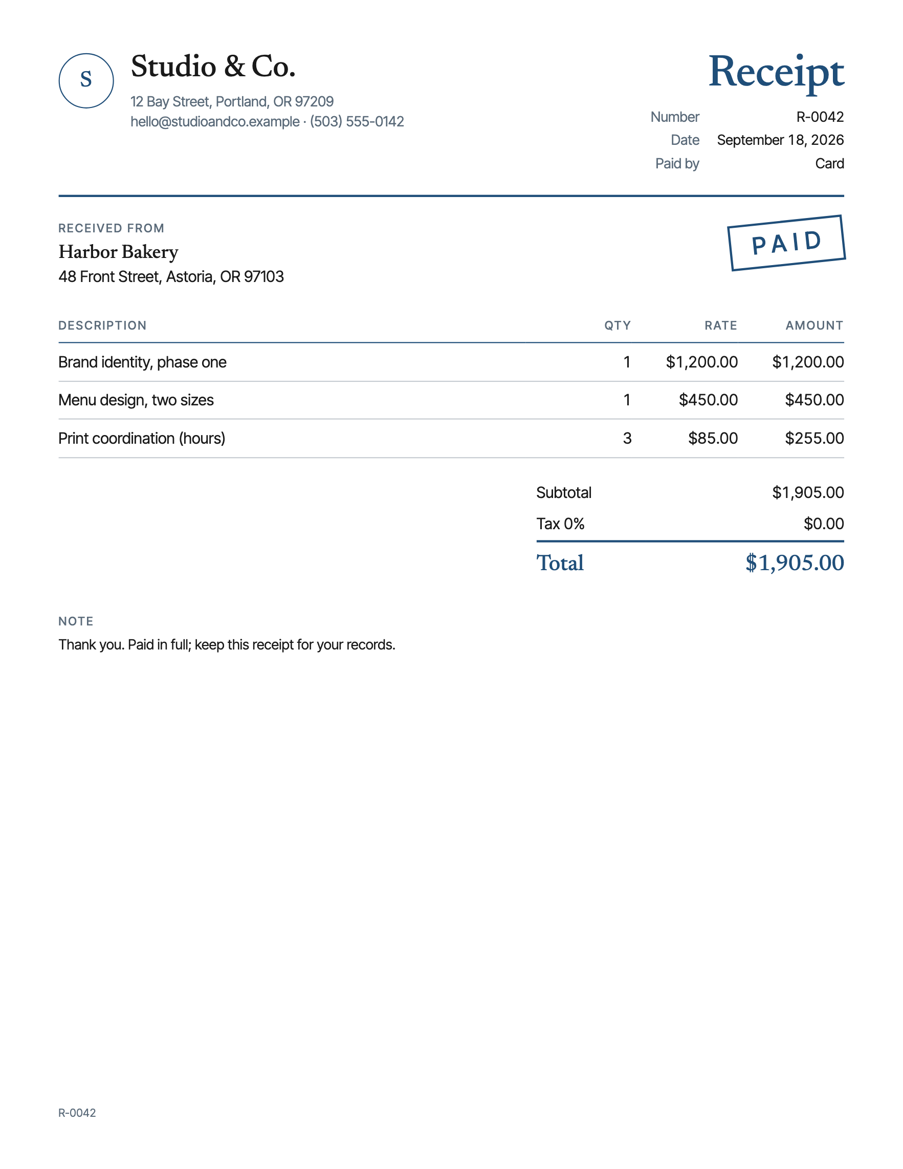 A receipt with your logo, the lines and the totals done for you, how it was paid, and a Paid stamp, in Letter and A4.