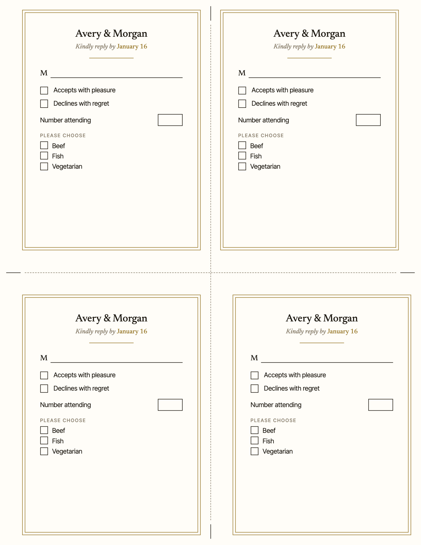 Four reply cards on one sheet, two cuts: your names, the reply-by date, a line for theirs, accepts or declines, how many, and a meal choice.