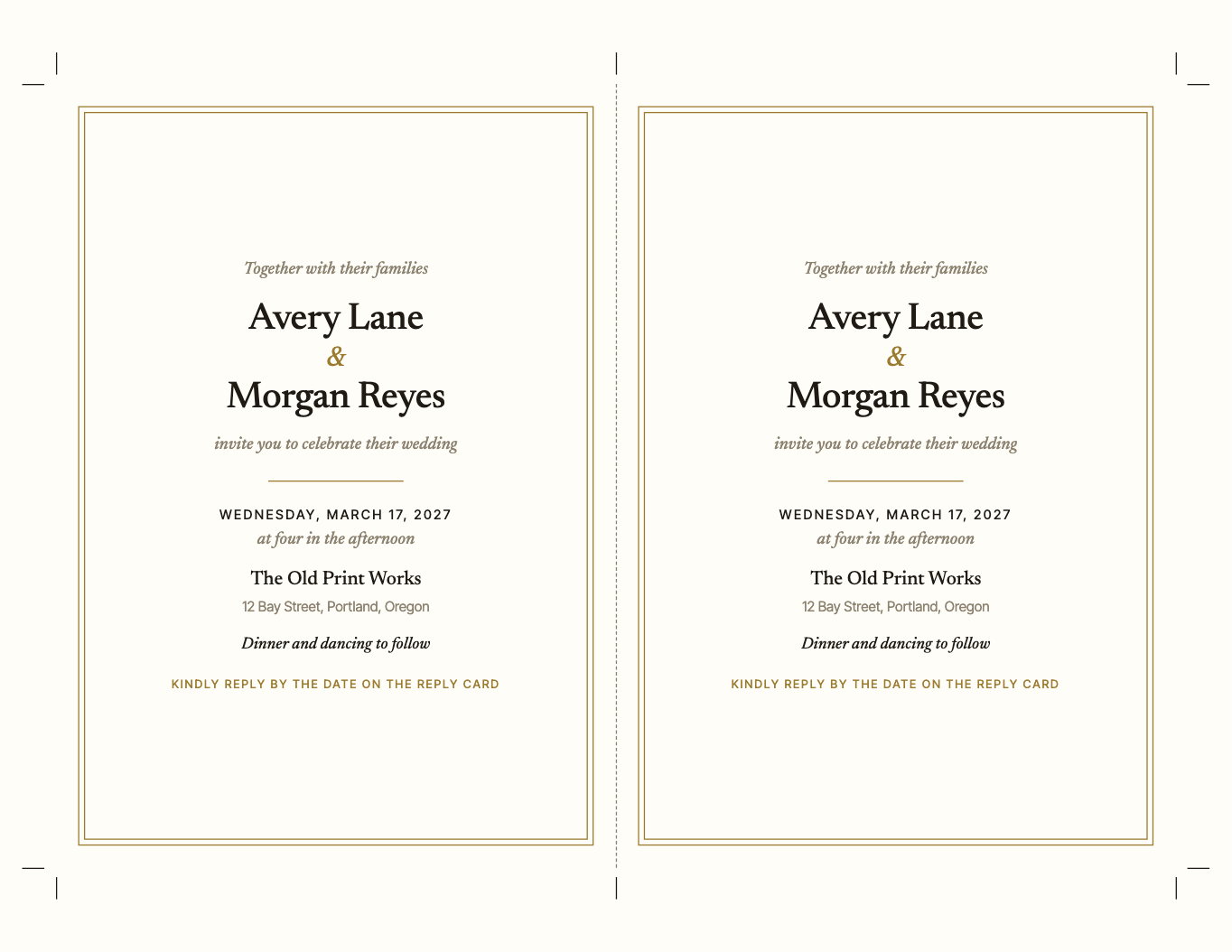 Two 5 by 7 invitations on one sheet, with trim marks: the names set in a real serif, the date in full, the time, the place, the reception line and the reply date.