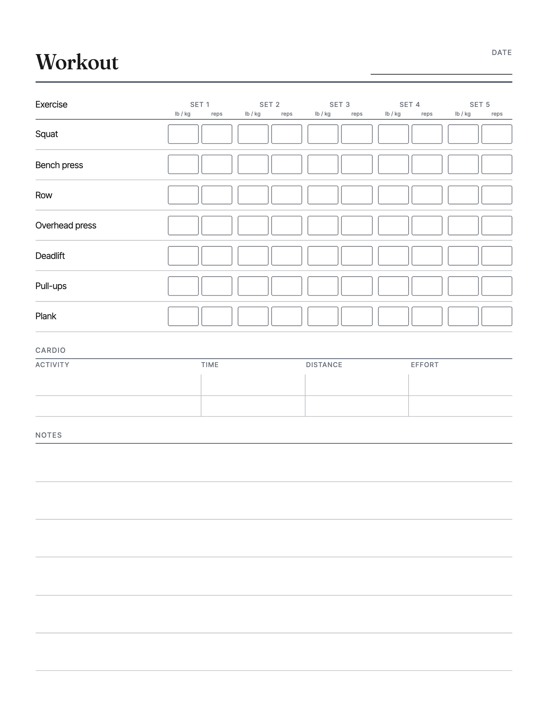 Your exercises written in, five sets each with a box for the weight and one for the reps, a cardio block and notes, dated or not, on one sheet.