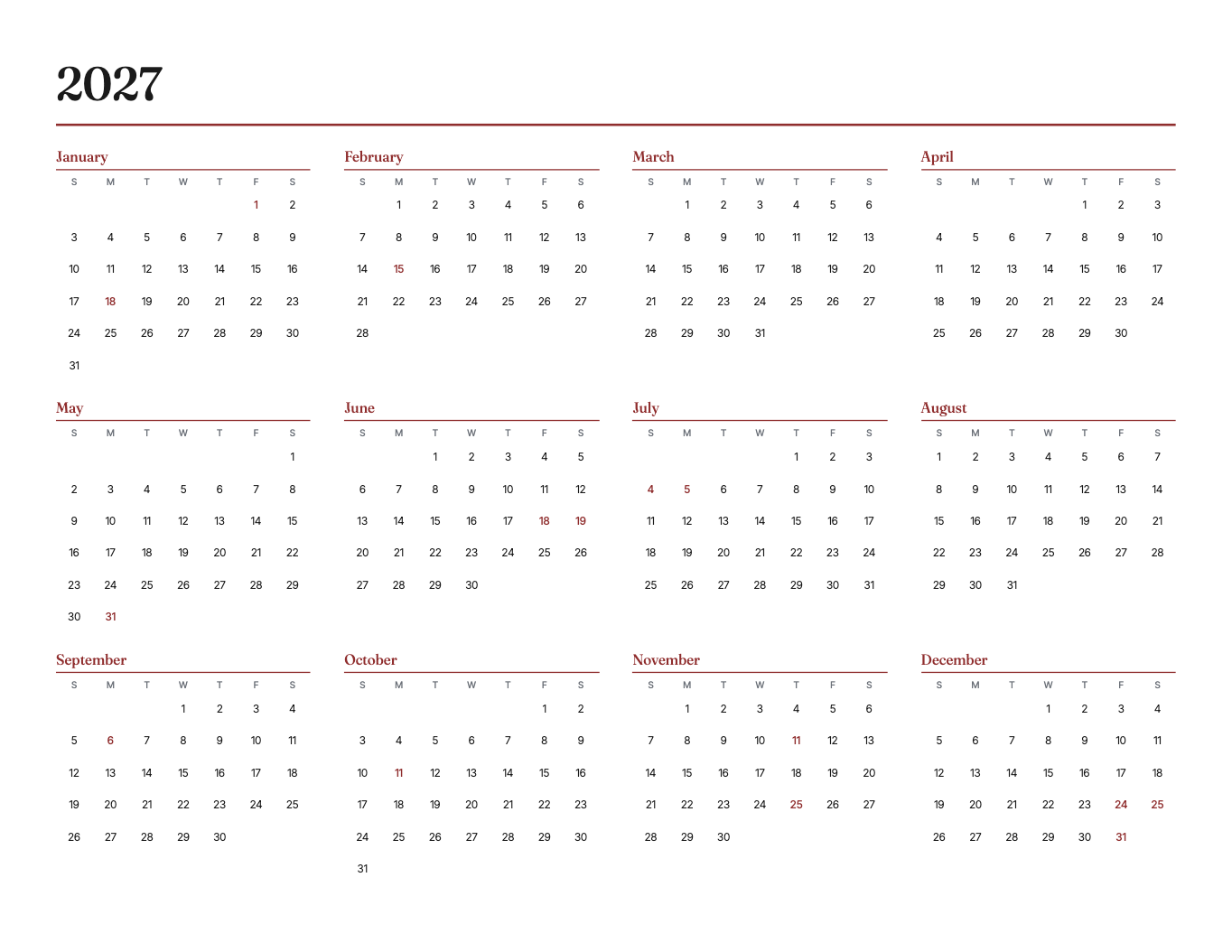 The whole of 2027 on one sheet, twelve small months in four columns, the federal holidays in the accent color, Sunday or Monday start, with your name at the top.
